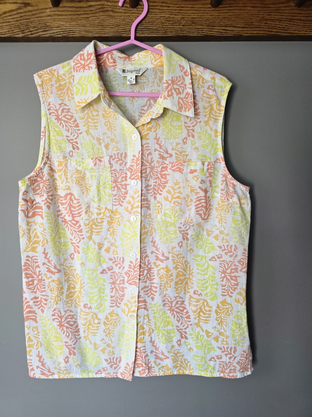 Linen Cotton Blend Sleeveless Button-Front Blouse in Coral, Yellow & Lime